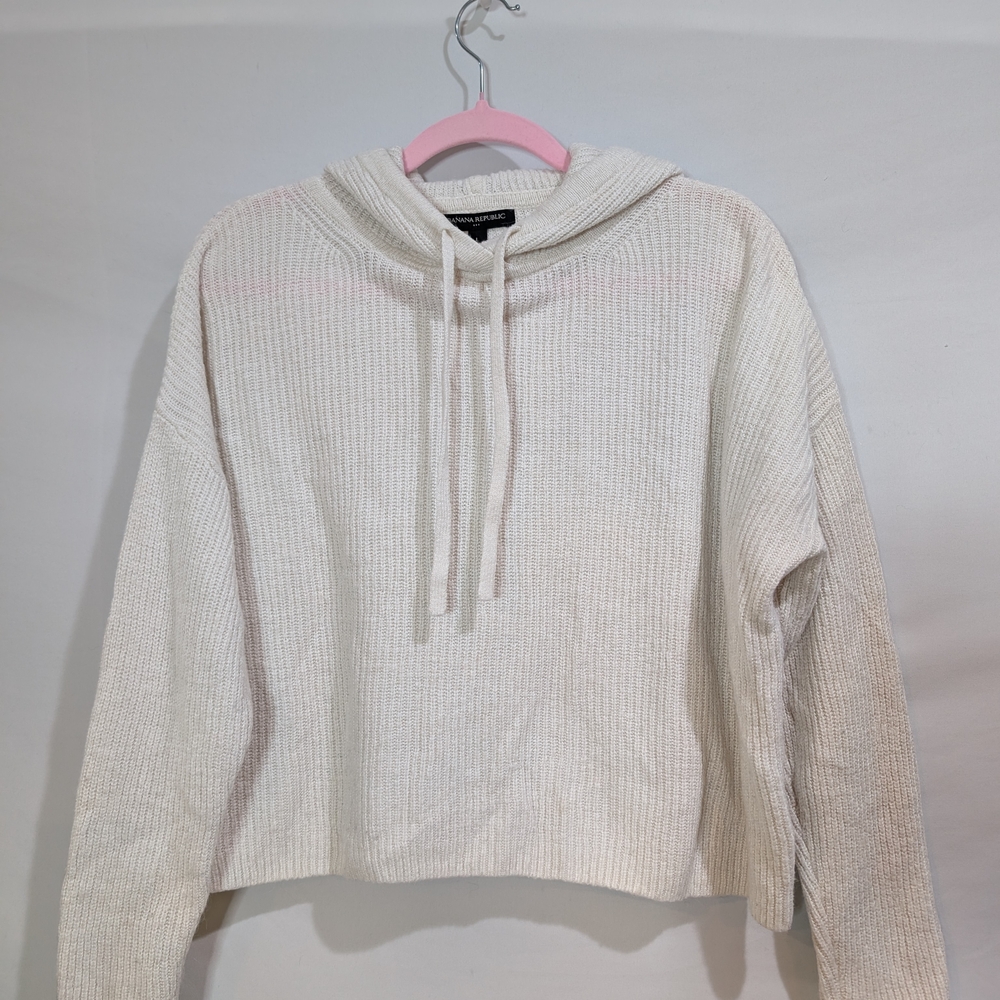 Banana Republic Cream Knit Hooded Alpaca Blend Sweater Quiet Luxury Casual L